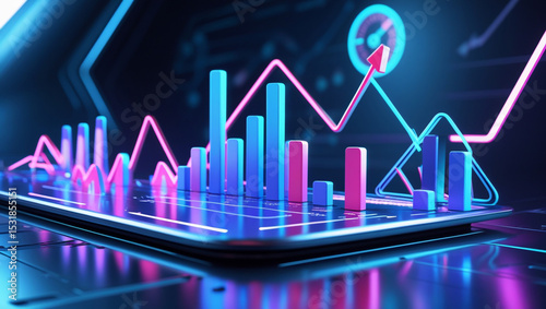 Financial chart shows upward trend with neon lights and bar graph