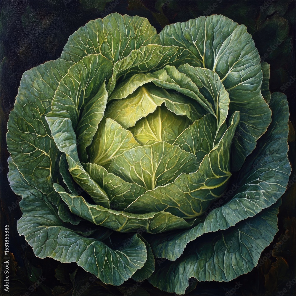 Obraz premium Close-up of a head of cabbage. Lush green leaves, deep tones, detailed texture, vibrant