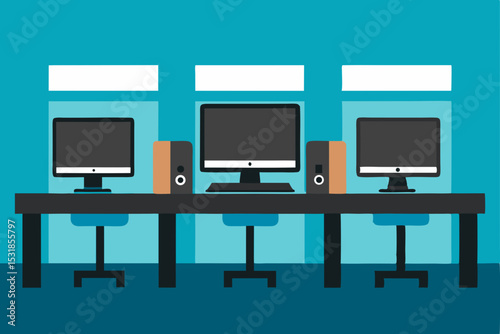 Modern Computer Lab Design Three Workstation Setup with Speakers