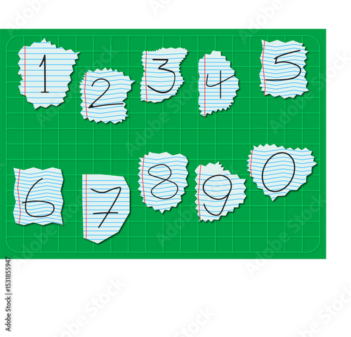Digital Number puzzle Illustrated torn pieces of paper, each revealing a unique digit, assembled in a vibrant arrangement with a modern flat design style