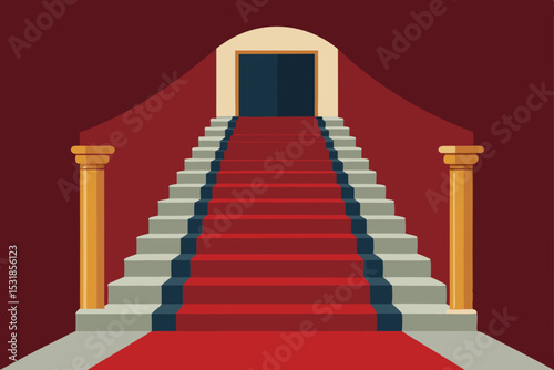 Grand Entrance Majestic Red Carpet Staircase Leading to a Mysterious Door