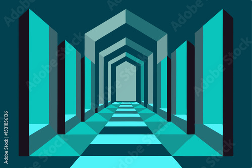 Abstract Teal Corridor An Illusion of Depth and Perspective in Geometric Design