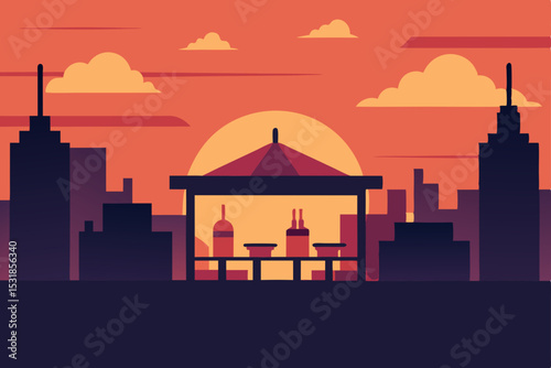 Cityscape Sunset Rooftop Pavilion with Drinks and Treats
