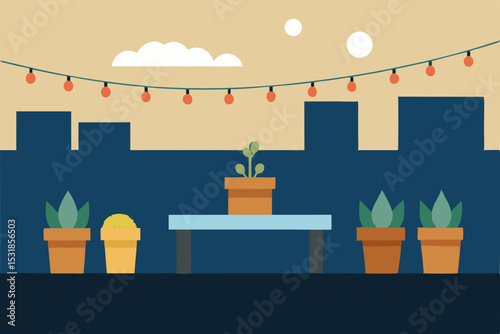 Urban Rooftop Garden Tranquil Oasis with Plants and String Lights