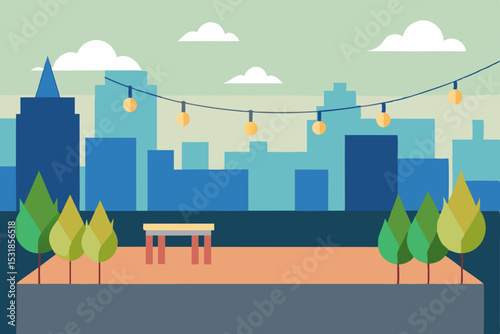 City Rooftop Oasis Tranquil Escape with String Lights and City Views