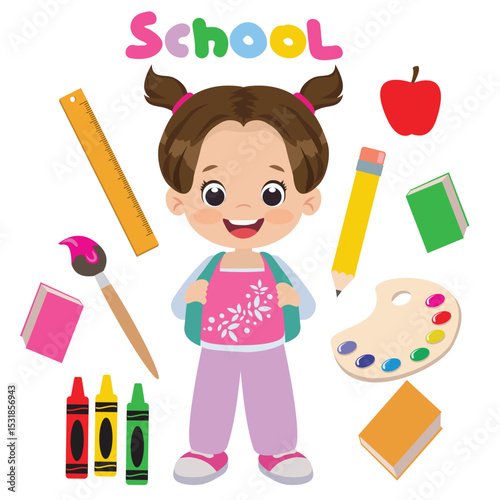 Cute little  school girl vector cartoon illustration