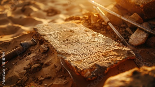 Ancient stone tablet with intricate carvings partially unearthed in desert sands, surrounded by delicate excavation tools. Archaeology, historical artifact discovery, ancient civilization research and