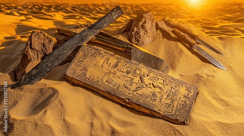 Ancient stone tablet with intricate carvings partially unearthed in desert sands, surrounded by delicate excavation tools. Archaeology, historical artifact discovery, ancient civilization research and