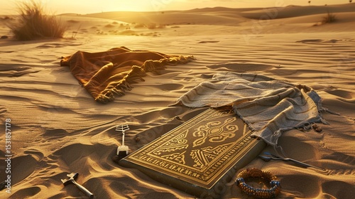 Ancient stone tablet with intricate carvings partially unearthed in desert sands, surrounded by delicate excavation tools. Archaeology, historical artifact discovery, ancient civilization research and