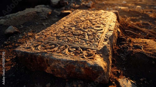 Ancient stone tablet with intricate carvings partially unearthed in desert sands, surrounded by delicate excavation tools. Archaeology, historical artifact discovery, ancient civilization research and