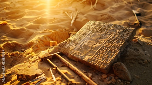 Ancient stone tablet with intricate carvings partially unearthed in desert sands, surrounded by delicate excavation tools. Archaeology, historical artifact discovery, ancient civilization research and