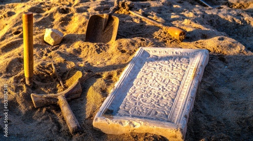 Ancient stone tablet with intricate carvings partially unearthed in desert sands, surrounded by delicate excavation tools. Archaeology, historical artifact discovery, ancient civilization research and