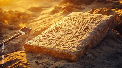 Ancient stone tablet with intricate carvings partially unearthed in desert sands, surrounded by delicate excavation tools. Archaeology, historical artifact discovery, ancient civilization research and