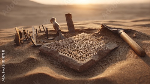 Ancient stone tablet with intricate carvings partially unearthed in desert sands, surrounded by delicate excavation tools. Archaeology, historical artifact discovery, ancient civilization research and