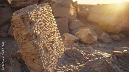 Ancient stone tablet with intricate carvings partially unearthed in desert sands, surrounded by delicate excavation tools. Archaeology, historical artifact discovery, ancient civilization research and
