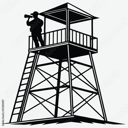 A hiker using binoculars on a lookout tower image silhouette design vector art and illustration	
