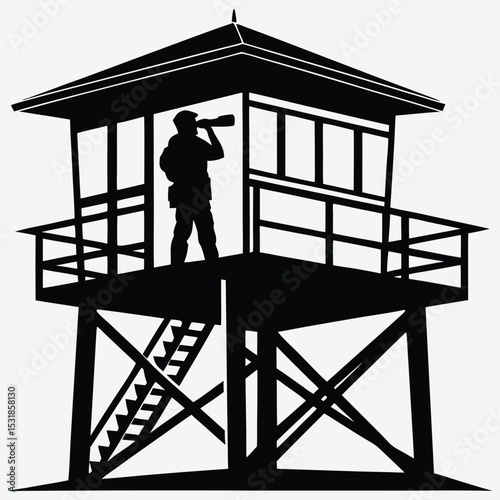 A hiker using binoculars on a lookout tower image silhouette design vector art and illustration	