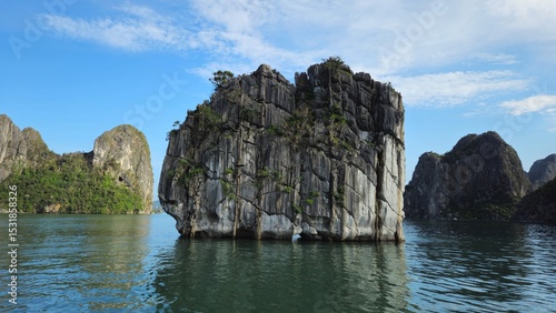 Close-up of Dinh Huong Islet (Incense Burner Islet) in Ha Long Bay, which is featured on the 200,000 VND banknote of Vietnam.