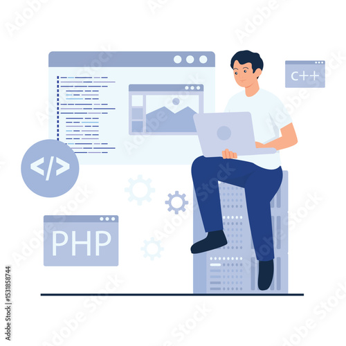 IT Services Illustration. Vector illustration of A software developer writing code on a laptop with PHP and C++ elements around. Isolated on background