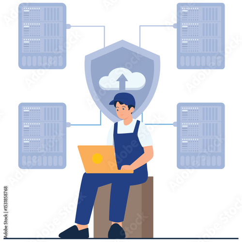IT Services Illustration. Vector illustration of An IT technician managing cloud data backups from multiple servers. Isolated on background