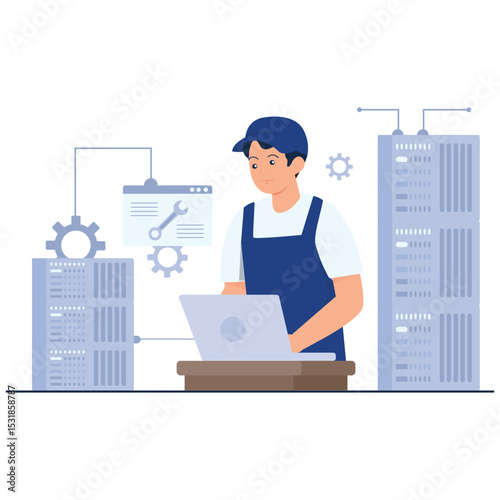 IT Services Illustration. Vector illustration of A technician handling maintenance tasks on server infrastructure with laptop. Isolated on background