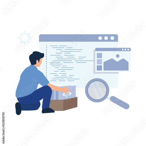 IT Services Illustration. Vector illustration of A coder organizing software code blocks with a magnifying glass for debugging. Isolated on background