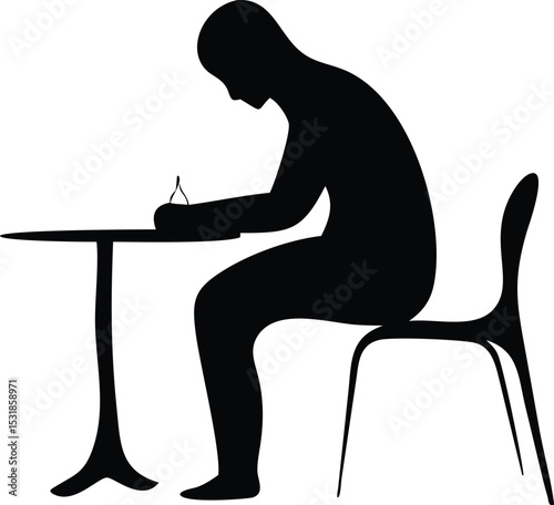Silhouette of a woman sitting on a chair drinking coffee in a cafe working on a laptop vector illustration