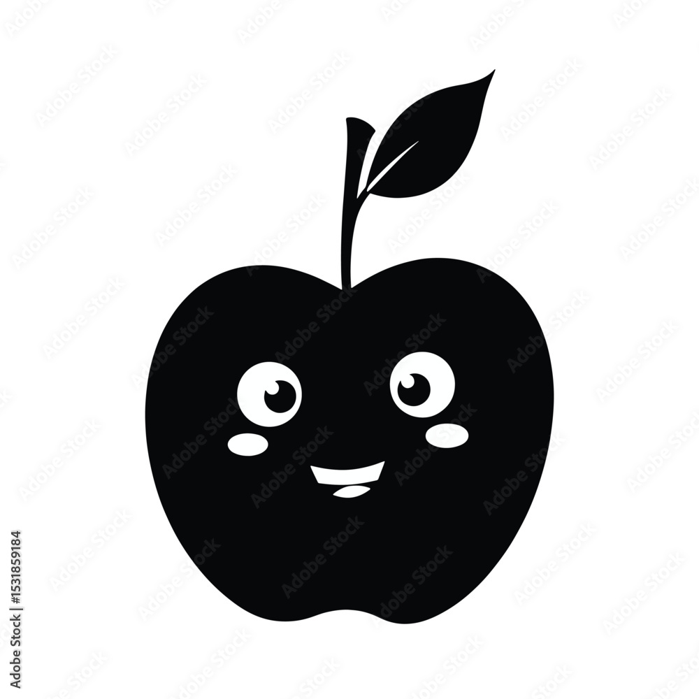 Obraz premium Cartoon Apple Black Silhouette Vector with Big Eyes, Leaf on Stem and Cute Smile on White Background