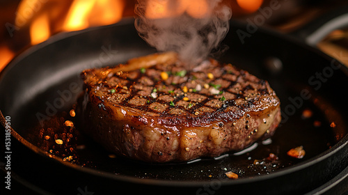Close-up of juicy grilled steak in a pan, seasoned with chopped garlic and pepper.