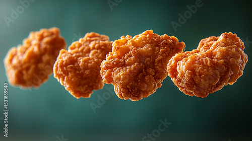 Crispy chicken nuggets floating in mid-air with golden breading and dipping sauce splashes.