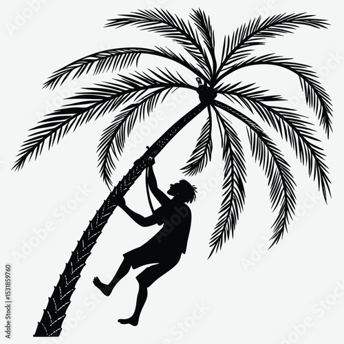 A  person climbing a palm tree image silhouette design vector art and illustration	
