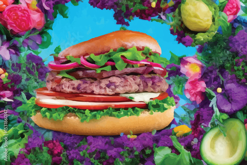 Delicious grilled beef hamburger on a black plate, a fast-food meal with cheese, lettuce, and tomato, isolated on a blue background