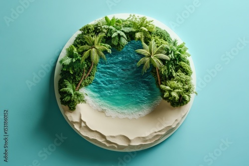 Miniature tropical island scene with sandy beach and turquoise water.