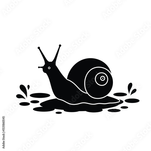 Snail in mud puddle simple black silhouette
