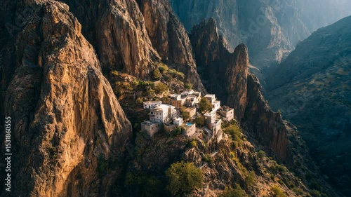 Ancient cliffside ruins nestled among jagged mountain peaks, offering a dramatic view of history lost in nature, scenic video shoot from a drone