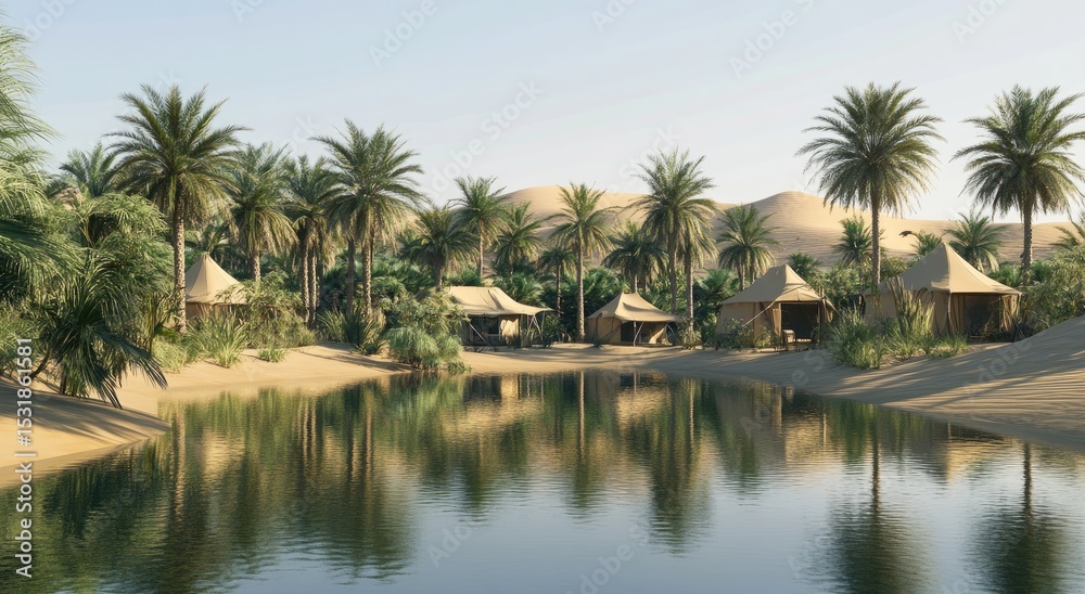 Desert oasis with reflective pool and tents Desert oasis with reflective pool and tents