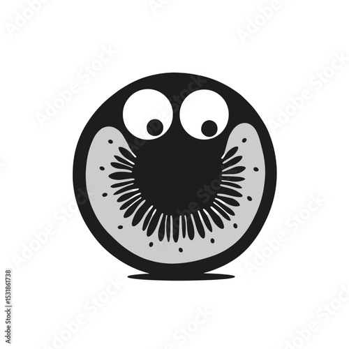 Cartoon Kiwi Slice Black Silhouette Vector with Big Eyes and Seed Details on White Background