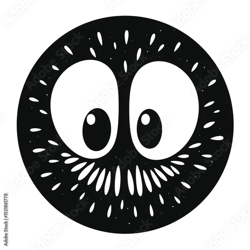 Cartoon Kiwi Slice Black Silhouette Vector with Big Eyes and Seed Details on White Background