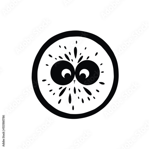 Cartoon Kiwi Slice Black Silhouette Vector with Big Eyes and Seed Details on White Background