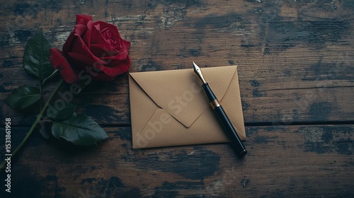 Top view of a red rose next to a fountain pen and love letter envelope on a wooden table romantic theme.