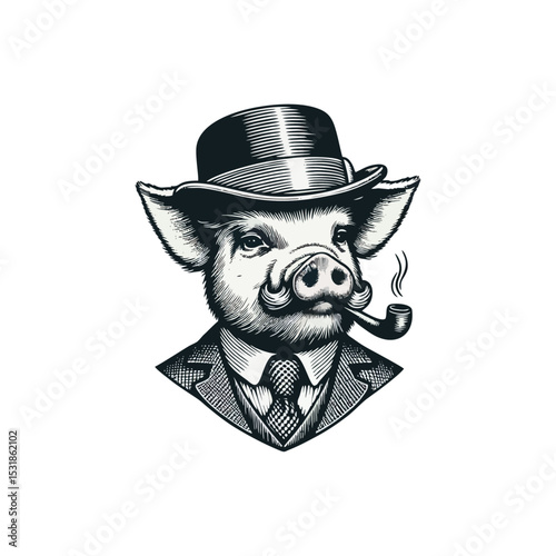 Pig Gentlemen engrave vector illustration logo icon