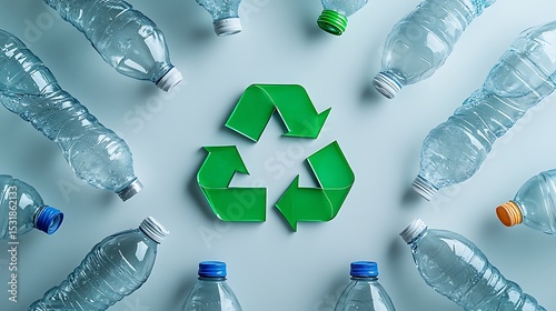 Empty plastic bottles encircling a green recycling symbol advocate for environmental responsibility and sustainability