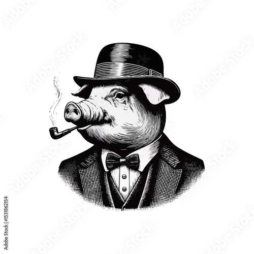 Pig Gentlemen engrave vector illustration logo icon