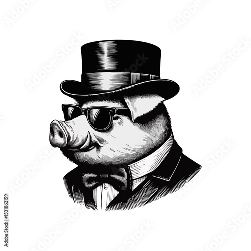 Pig Gentlemen engrave vector illustration logo icon