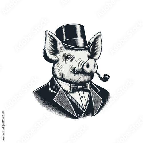 Pig Gentlemen engrave vector illustration logo icon