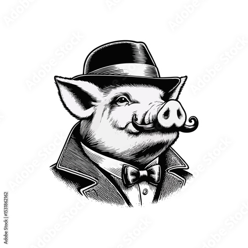 Pig Gentlemen engrave vector illustration logo icon
