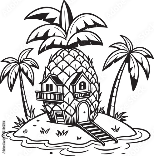 tropical island with palm trees and house