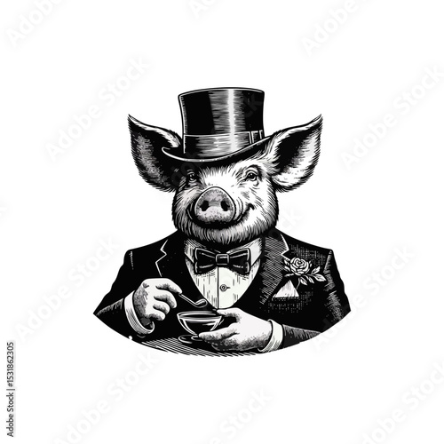 Pig Gentlemen engrave vector illustration logo icon