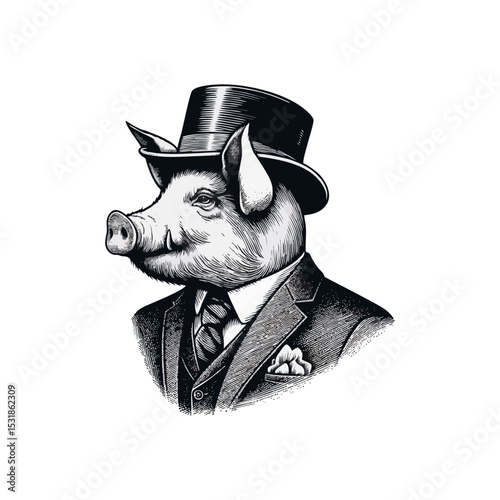Pig Gentlemen engrave vector illustration logo icon