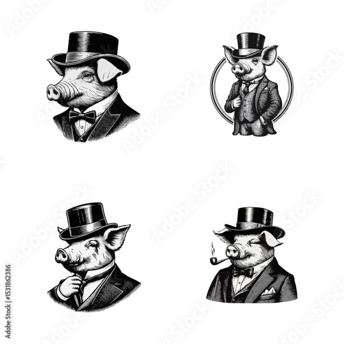 Pig Gentlemen engrave vector illustration logo icon